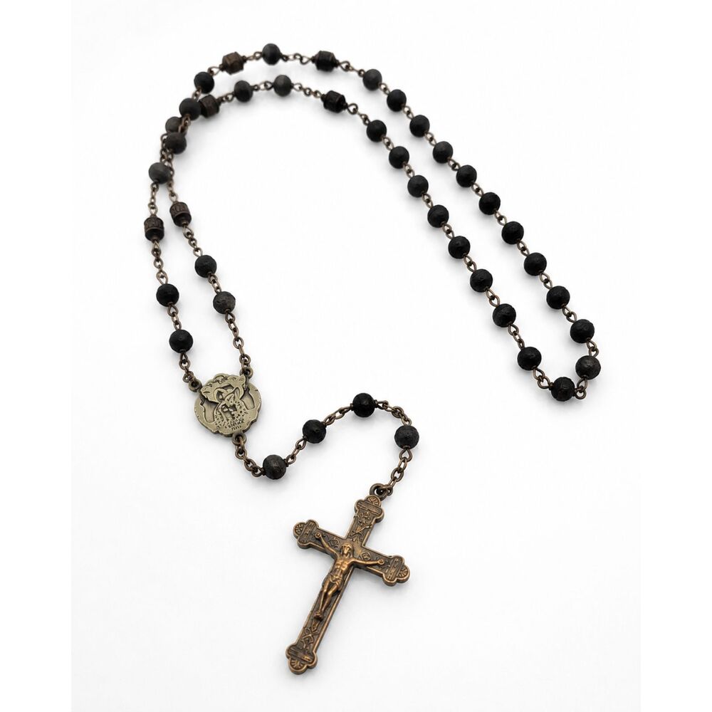 VTG Sterling Silver Rosary Lava Beads INRI Crucifix Marked 1946 Salamone Italy